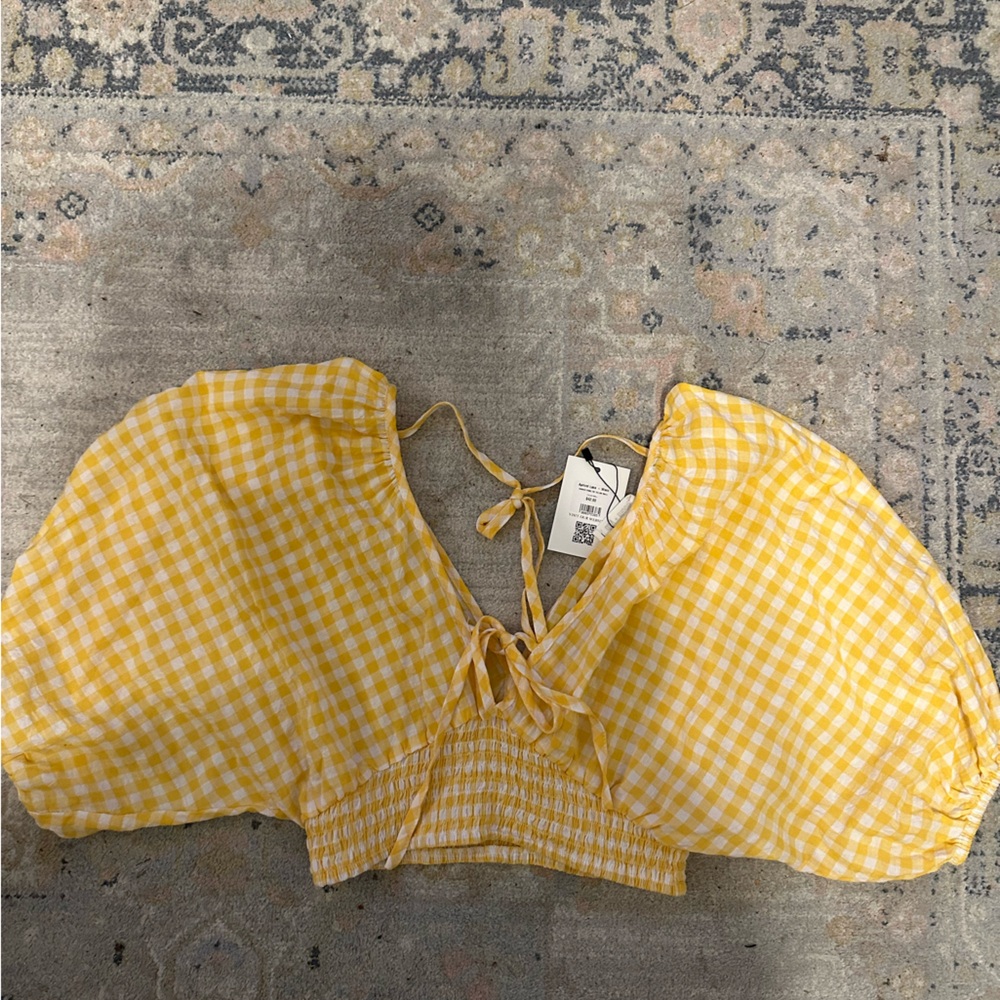 yellow gingham puff sleeve crop top NWT